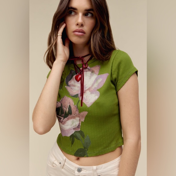 Daydreamer Tops - NWT Free People Daydreamer Rose Pointelle Tee in Green Oasis Size XL Crop Floral
